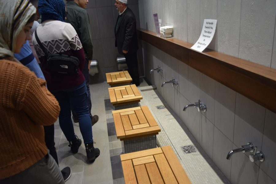 Students took a tour through the bathroom. They got to see where members of the Mosque go to cleanse their feet, legs, hands, elbows, and face before worship.