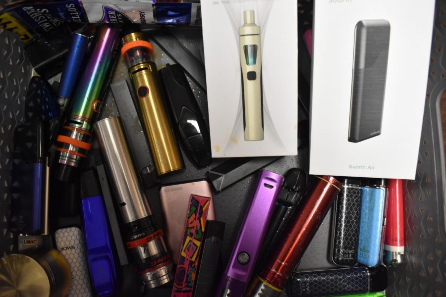 School Resource Officer Andy Mahan has a confiscation box of items from students. The majority of items collected from students are forms of e-cigarettes that have been used at school. 