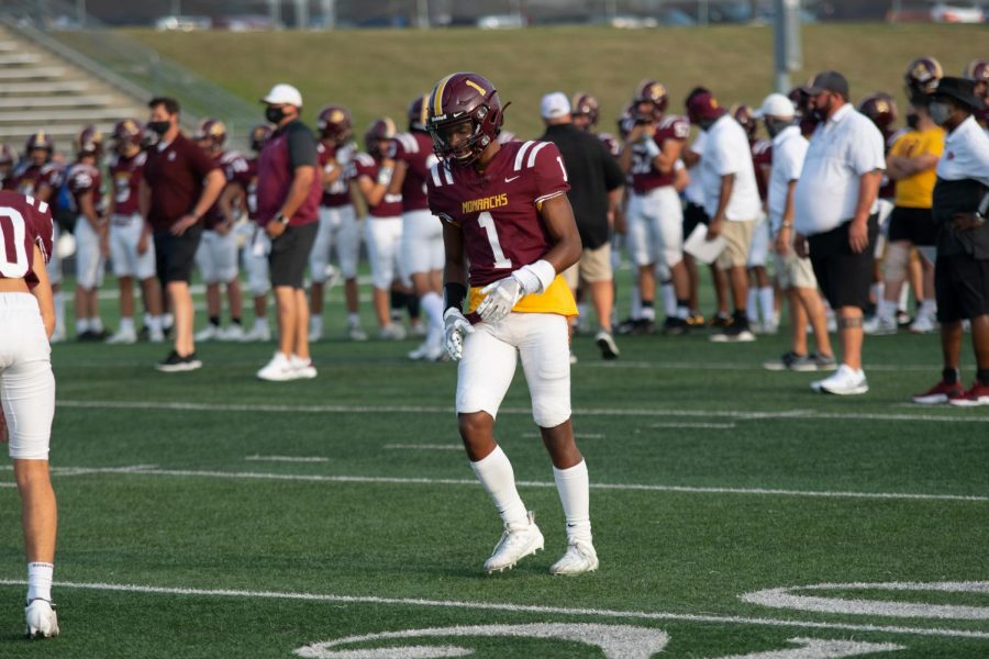 Junior Tyson Money waits for the next play at the Papio South and Monarch football game.